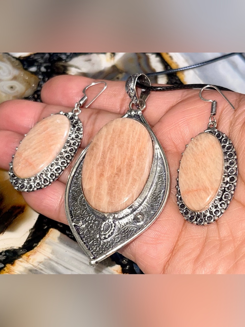 Peach Moonstone Crystal Pendant & Earrings